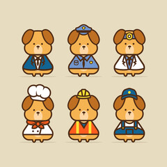 Cute dog character wearing uniforms of various professions