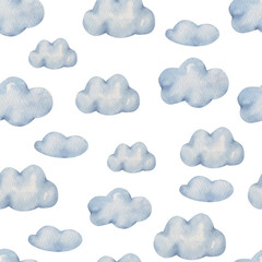 Fototapeta na wymiar seamless pattern watercolor blue clouds on white background, hand painted