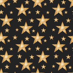 seamless pattern watercolor gold stars on black background, hand painted