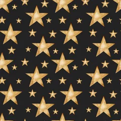 Lichtdoorlatende gordijnen Zwart goud naadloze patroon aquarel gouden sterren op zwarte achtergrond, met de hand geschilderd
