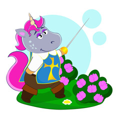 Unicorn dressed as a musketeer with a sword