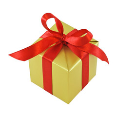 Golden gift wrapped present with red satin ribbon bow isolated on white