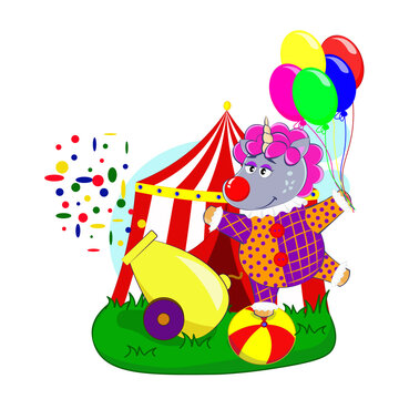Cartoon unicorn wearing a clown costume on a ball