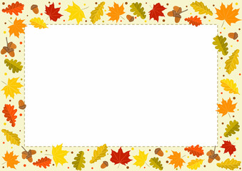 Autumn rectangle frame made from hand-drawn foliage. Yellow and orange leaves of maple and oak, oak acorns. Template or blank for fall decor. Vector illustration.