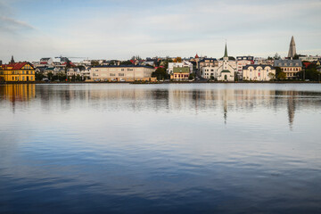 A partial view of downtown Reykjavík, capital city of Iceland, from the banks of Tjörnin lake