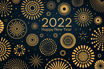 Golden fireworks 2022 Happy New Year, bright on dark background, with text. Flat style vector illustration. Abstract geometric design. Concept for holiday greeting card, poster, banner, flyer.