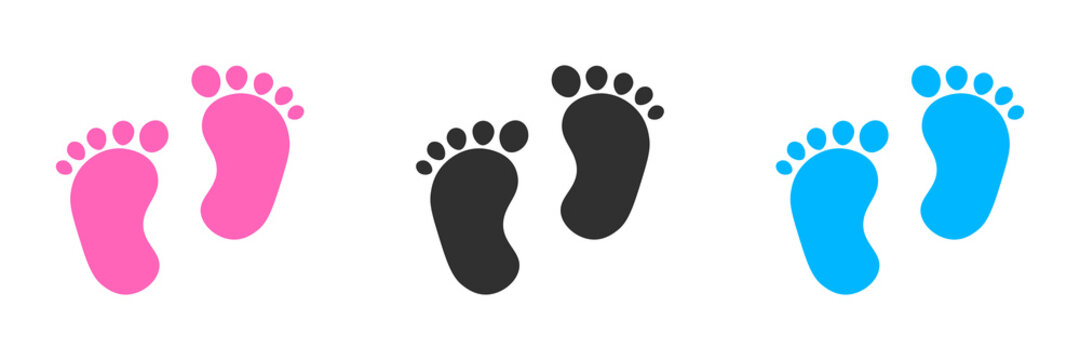 Icons of baby feet in gray, blue and pink. Birth and baby symbol