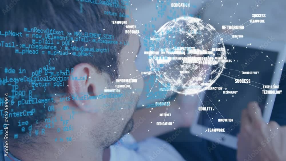 Poster animation of data processing and globe of connections over businessman using tablet