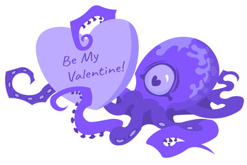 Vector violet octopus with valentine card Be my Valentine