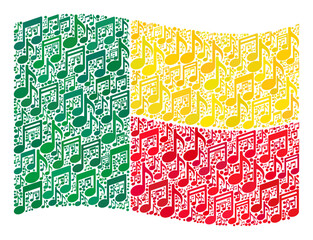 Mosaic waving Benin flag constructed of melody icons. Vector music mosaic waving Benin flag constructed for concert news. Benin flag collage is organized of random melody items.