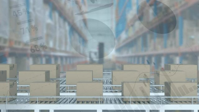 Animation of data processing over boxes on conveyor belts in warehouse