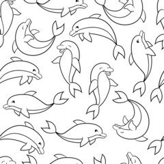 Seamless pattern with cute dolphins, coloring page