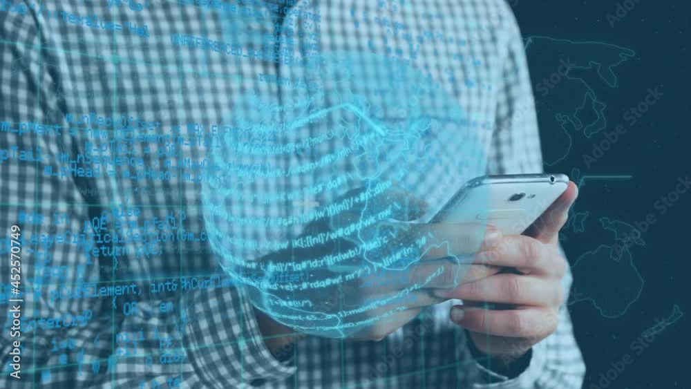 Poster animation of data processing over man using smartphone