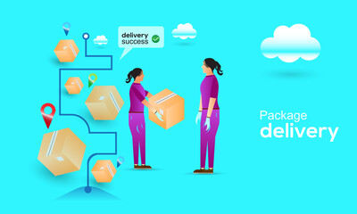 Delivery package on smartphone. Delivery women ready to send a delivery box. Lighting of E-commerce success