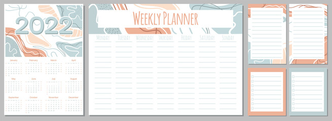 Calendar 2022, week planner and notes pages collection set with floral motif in pastel colors in hand drawn vector style. Drawing page for notes, notebooks, diary, organizer and schedule