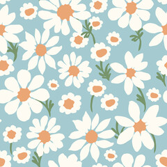 All-over vector seamless repeat pattern with white daisies of different shapes tossed on a modern dusty blue background
