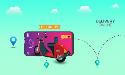 Online delivery service by scooter on mobile phone. E-commerce success, location tracking point, food box. Delivery concept