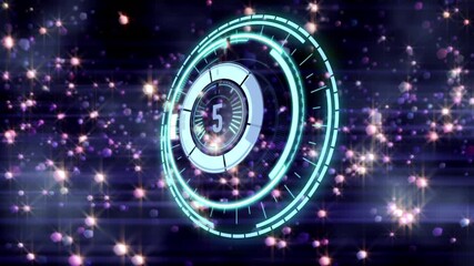 Animation of rotating circular scanner with countdown, over glowing pink stars rising on black