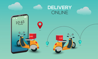 Online delivery service by scooter on mobile phone. E-commerce success, location tracking point, food box. Delivery concept