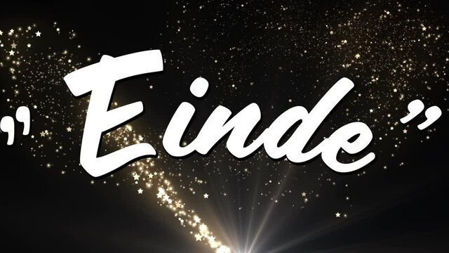 Animation of einde text over glowing firework moving on black background