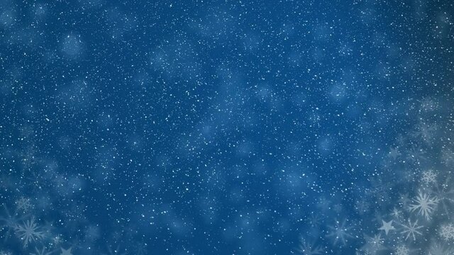 Animation of snow falling over snowflakes and stars on blue background