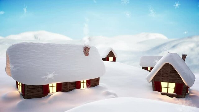 Animation of snow falling over winter scenery and houses