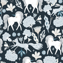Seamless bohemian style pattern with hand drawn unicorn, fox, stars bunny and flowers. Vector illustration
