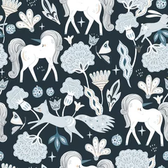 Wall murals Fox Seamless bohemian style pattern with hand drawn unicorn, fox, stars bunny and flowers. Vector illustration