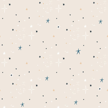 Seamless abstract pattern with stars and dots. Creative kids texture for fabric, wrapping, textile, wallpaper, apparel. Vector illustration