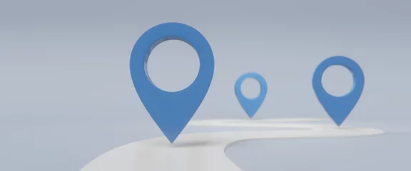 Fotobehang Search concept with simple locator mark of map and location pin or navigation map pointer symbol on blue background. Route planner, milestone path concept. 3D render © ptgregus