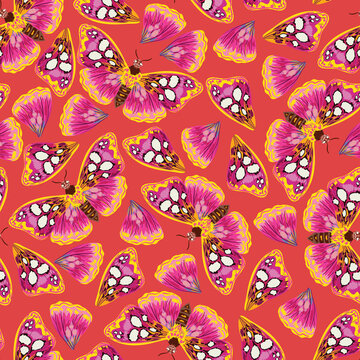 Vivid and Colourful butterflies wing and flying butterflies in summer fresh color shade on Red background seamless pattern Vector EPS10