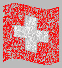 Mosaic waving Swiss flag designed with melody signs. Vector music collage waving Swiss flag combined for club wallpapers. Swiss flag collage is designed with scattered music items.