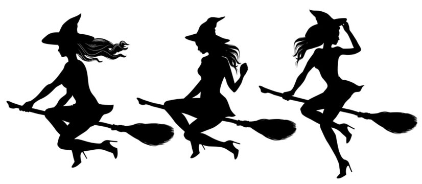 Tree silhouettes of young beautiful sexy witch flying on a broomstick. Pretty woman with fluttering hair wearing witches hat sitting on a besom. Vector illustration for Halloween design.