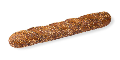 Baguette made of wheat and rye flour with sesame seeds isolated on a white background.Fresh pastries on a white background.