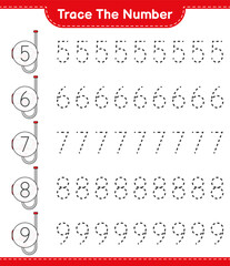 Trace the number. Tracing number with Scuba Diving Mask. Educational children game, printable worksheet, vector illustration