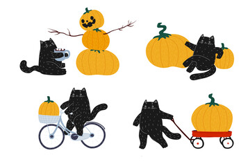 Obraz premium Autumn Halloween set of black cat on bicycle, pumpkin, red wagon. Cute kawaii animal. Harvest festival. Vegetables and fruits. A kitten on a bike. Stock vector flat cartoon illustration.