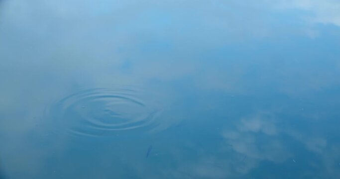 the surface of the water where the clouds are reflected. drops of water are dripping on the surface. the concept of calm, pacification, slowing down, grounding, contemplation and a meditative state in