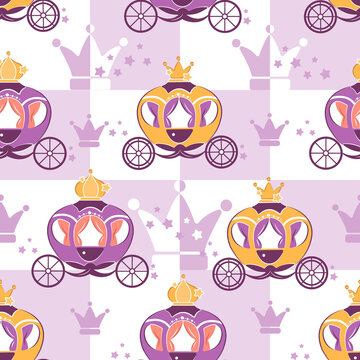 Children's seamless pattern with a vector illustration of a fabulous carriage. Cinderella pattern, children's textiles, notepad, gift wrapping paper, fabric.