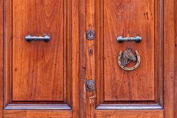 Fototapeta na wymiar fragment of red brown old wooden door with metal door handles horse head shaped with horseshoe