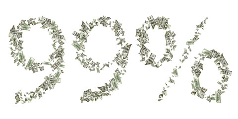 Dollar sign number 99. American money. Cash white background, us bill. Money falling.