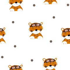 Seamless pattern with tiger and dots on white background