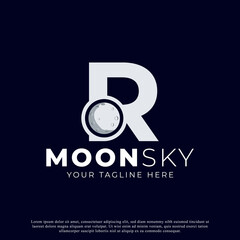 Initial Letter R with Moon Logo Design. White Shape Circle. Usable for Business and Branding Logos