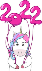 Cute unicorn holding balloons  2022. Happy New Year greeting card.