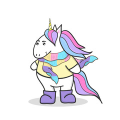Cute unicorn in scarf and boots. For print, t-shits, greeting cards, poster.