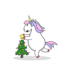 Cartoon unicorn decorate Christmas tree placing the star on top.