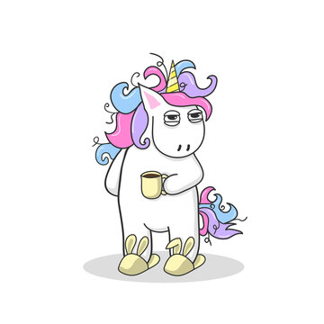 Cute unicorn with a cup of coffee. For print, t-shits, greeting cards, poster.