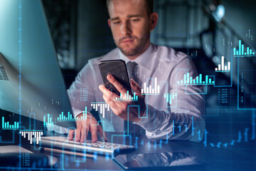 Businessman in casual wear using smart phone to optimize trading strategy at corporate finance...