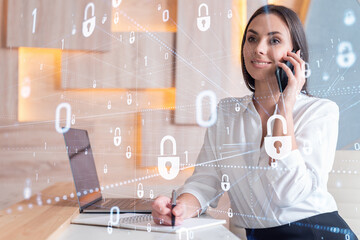 Attractive businesswoman in white shirt has conference call of cyber security in compliance division to protect clients confidential information. IT hologram lock icons over office background