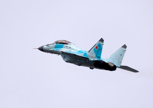 Moscow Russia Zhukovsky Airfield 25 July 2021: aerobatic MiG-35 perfoming demonstration flight of the international aerospace salon MAKS-2021