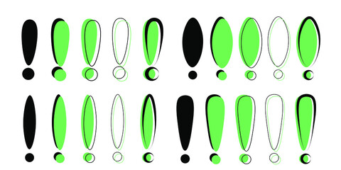 Exclamation icon set. Doodle attention sign with shadow isolated vector. Information warning symbol collection. Specter of emotions mark.
